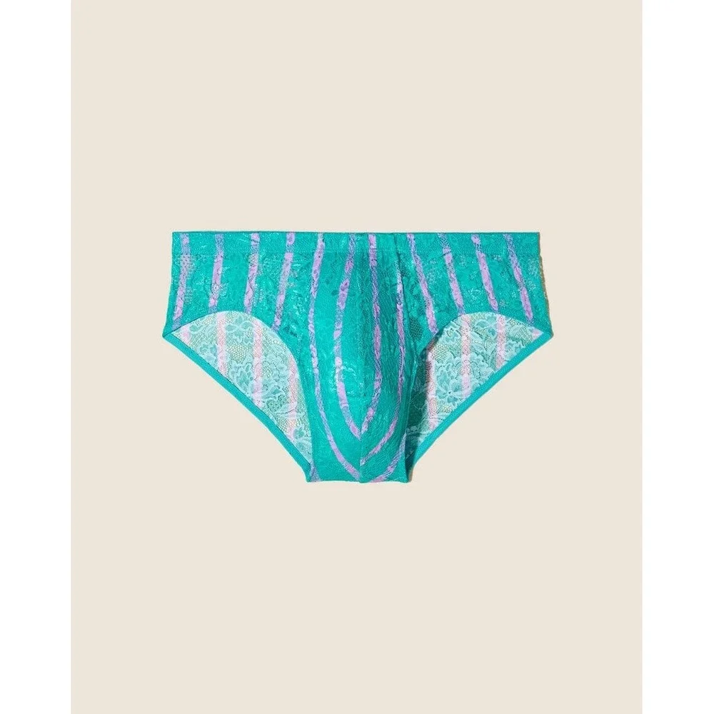 Cosabella Mens Never‎ Say Never Curvy Lace Brief Turquoise Lilac Striped Sheer M